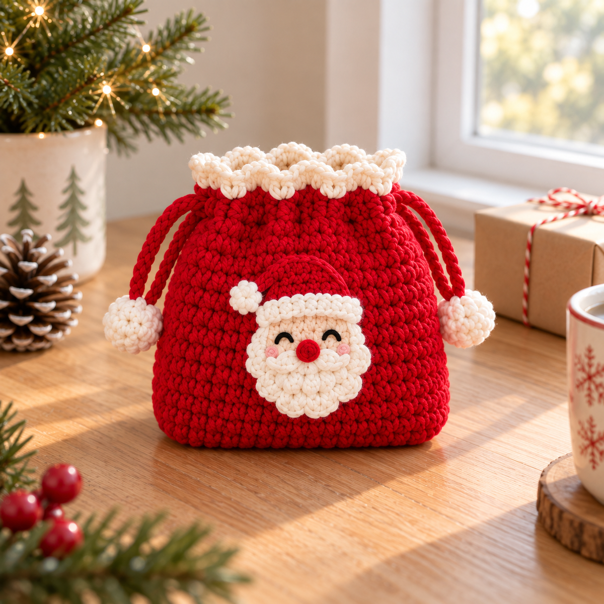 Santa crochet drawstring pouch in red with white trim and festive pom pom ends
