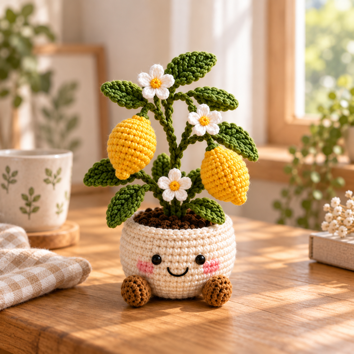 Lemon crochet plant decor with yellow lemons, green leaves, and white flowers