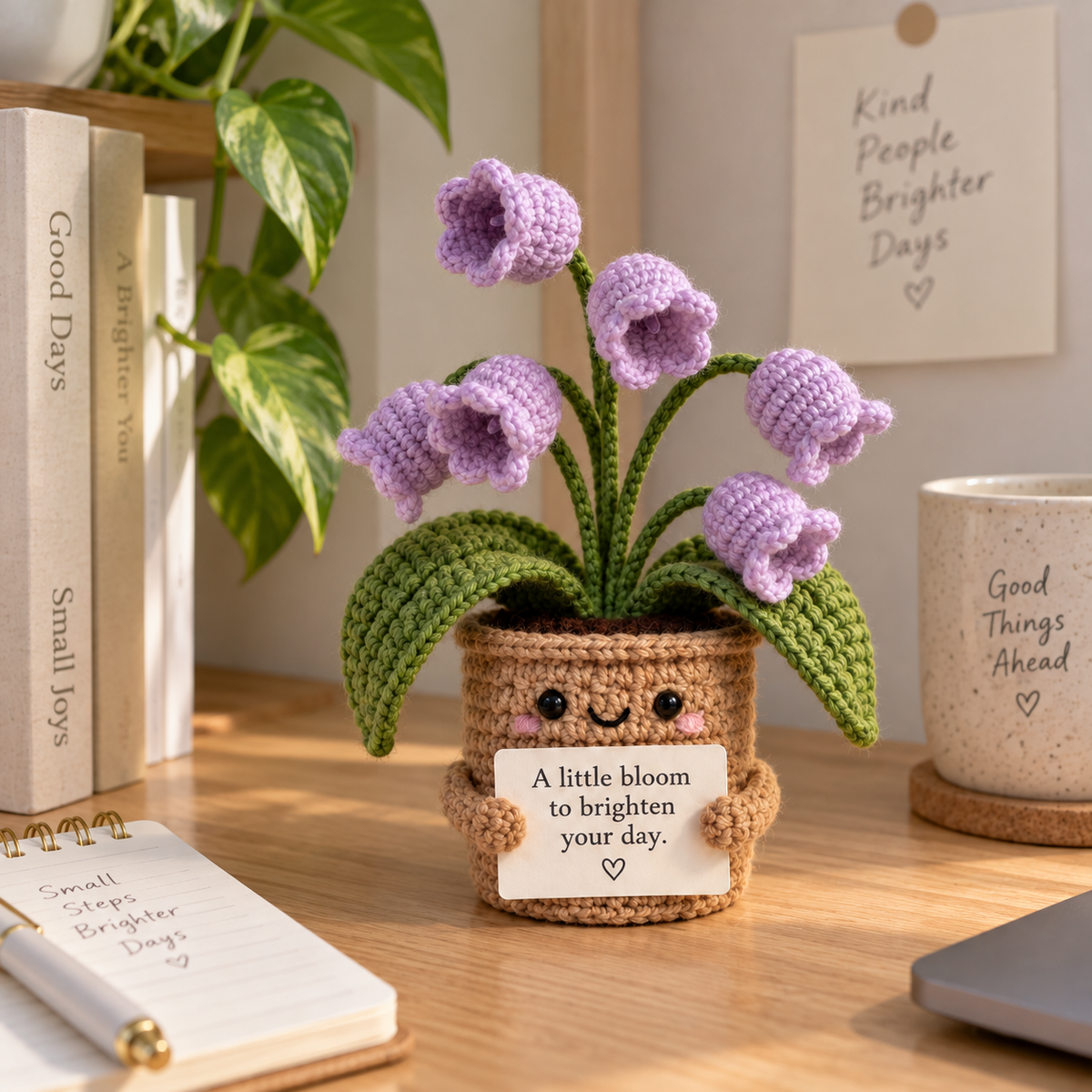 Lavender crochet flower pot emotional support gift with personalized message card