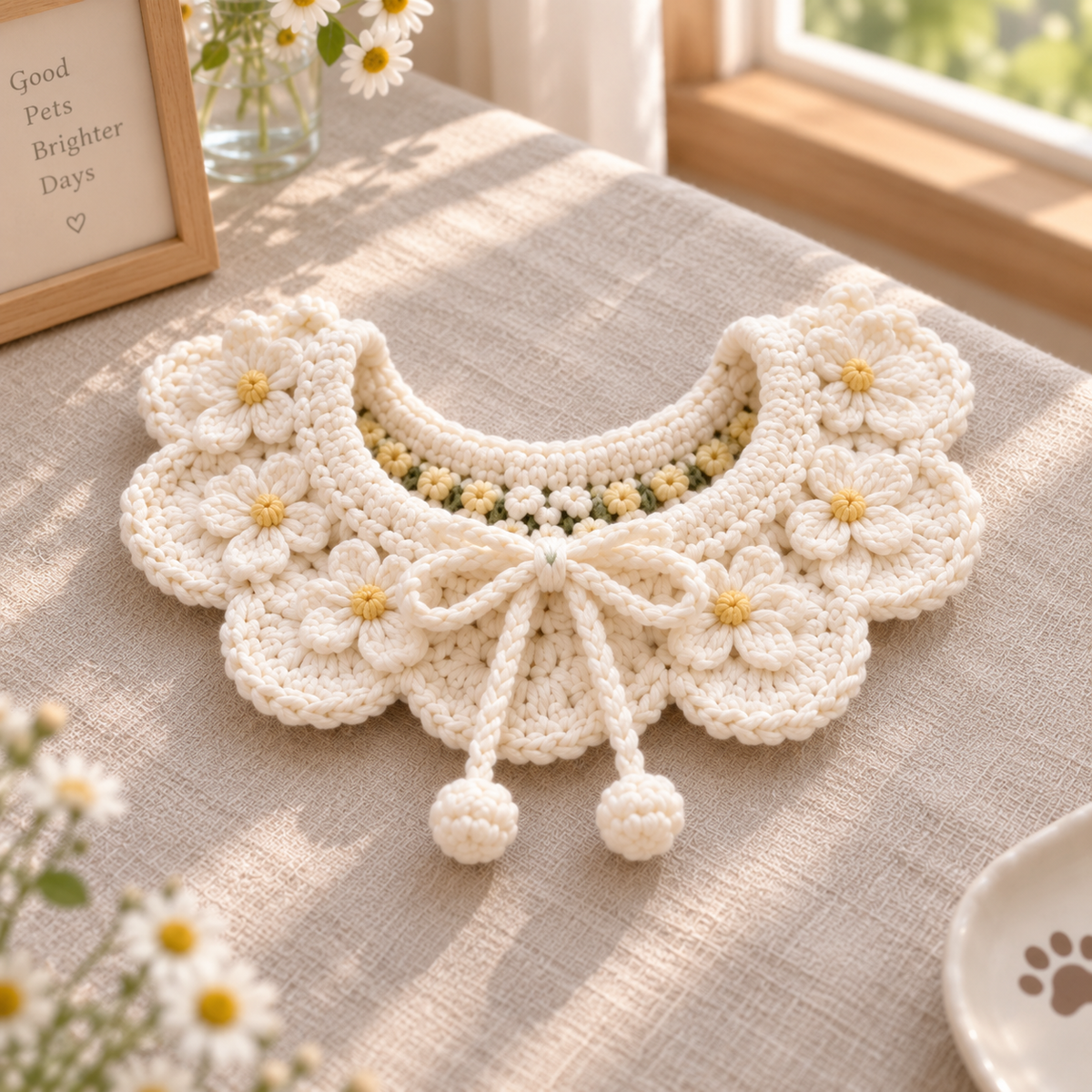 Ivory Daisy crochet pet collar with white floral ruffles and tie cords