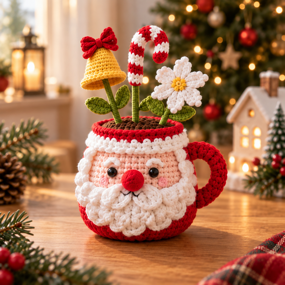 Style 2 crochet Santa mug decor with festive holiday stems