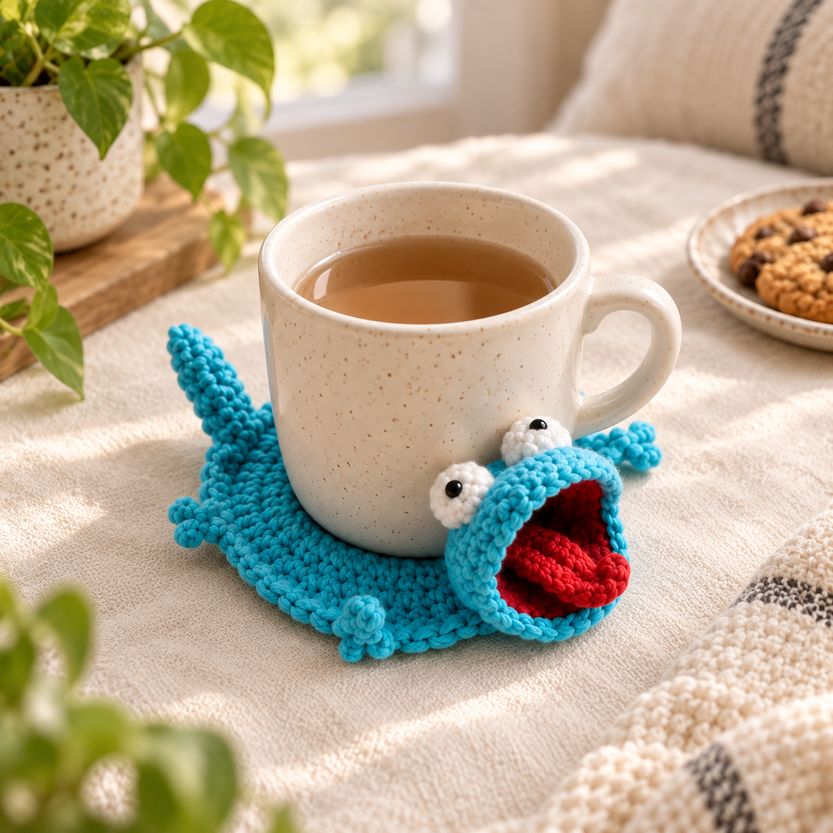Blue lizard crochet coaster styled beside a mug
