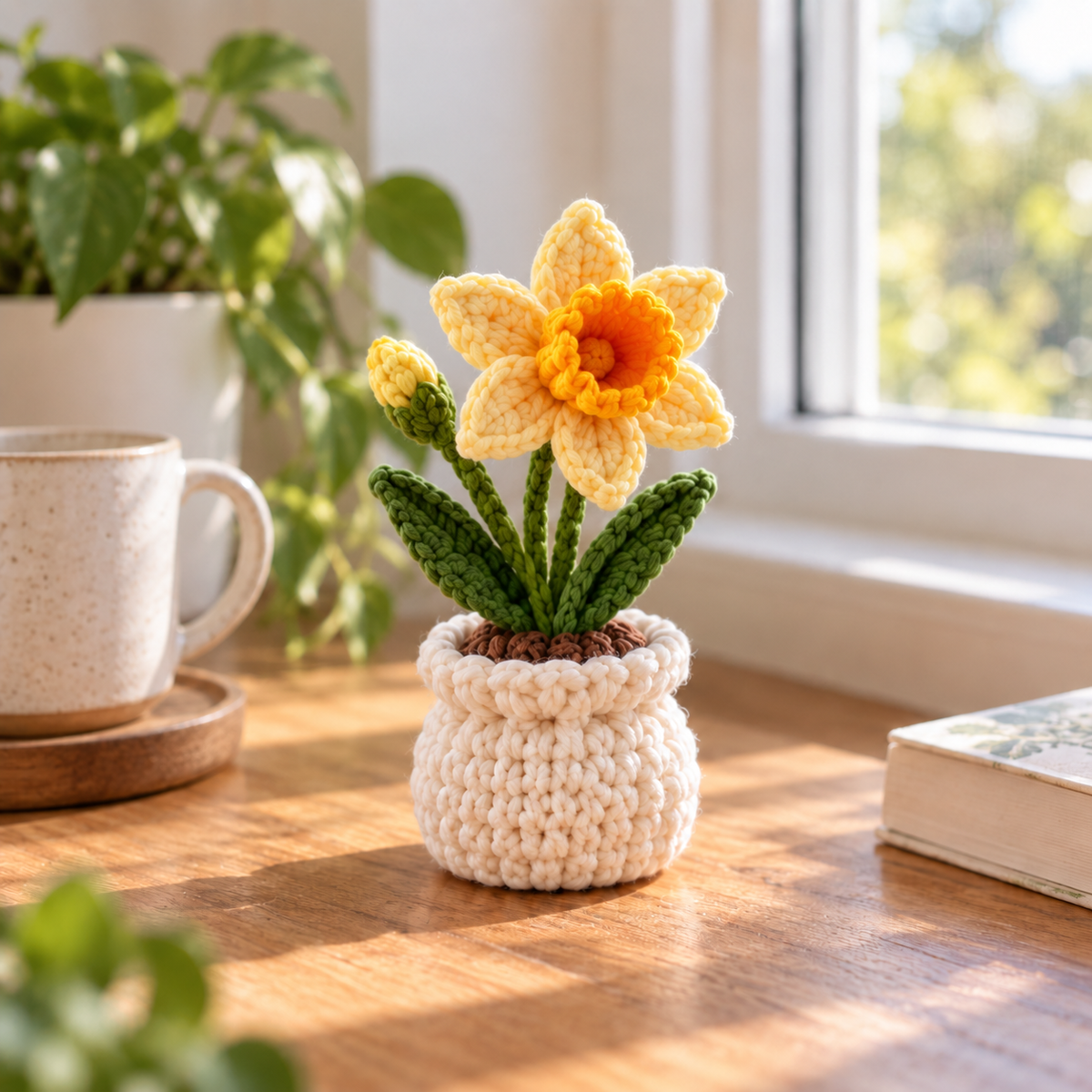 March Daffodil crochet birth month flower pot with yellow handmade bloom