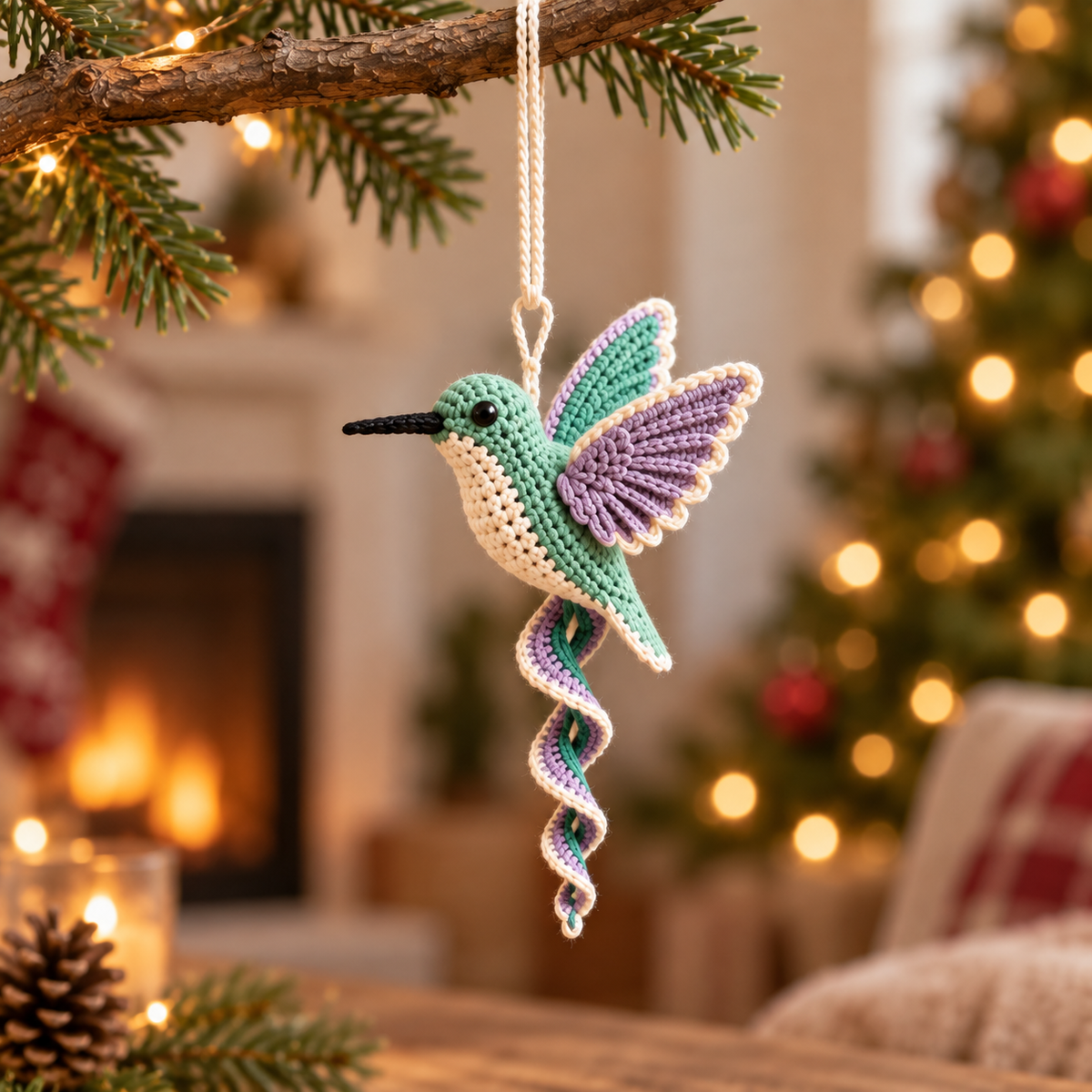 Hummingbird crochet spiral ornament with green body and pastel purple wings