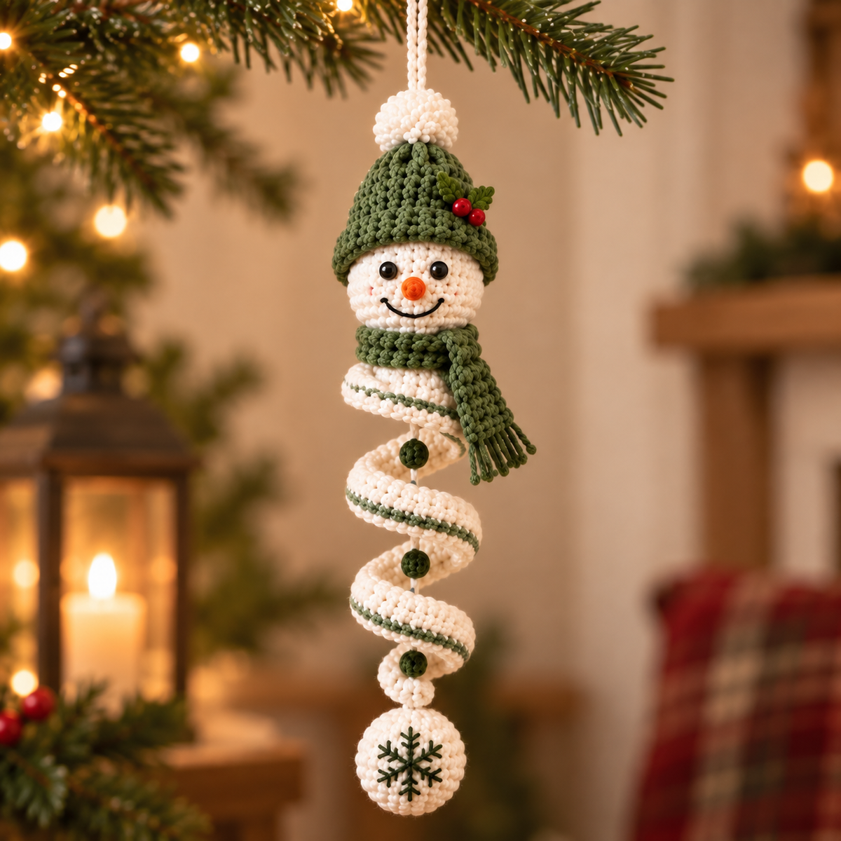 Evergreen Beanie crochet snowman spiral Christmas ornament in a cozy holiday setting