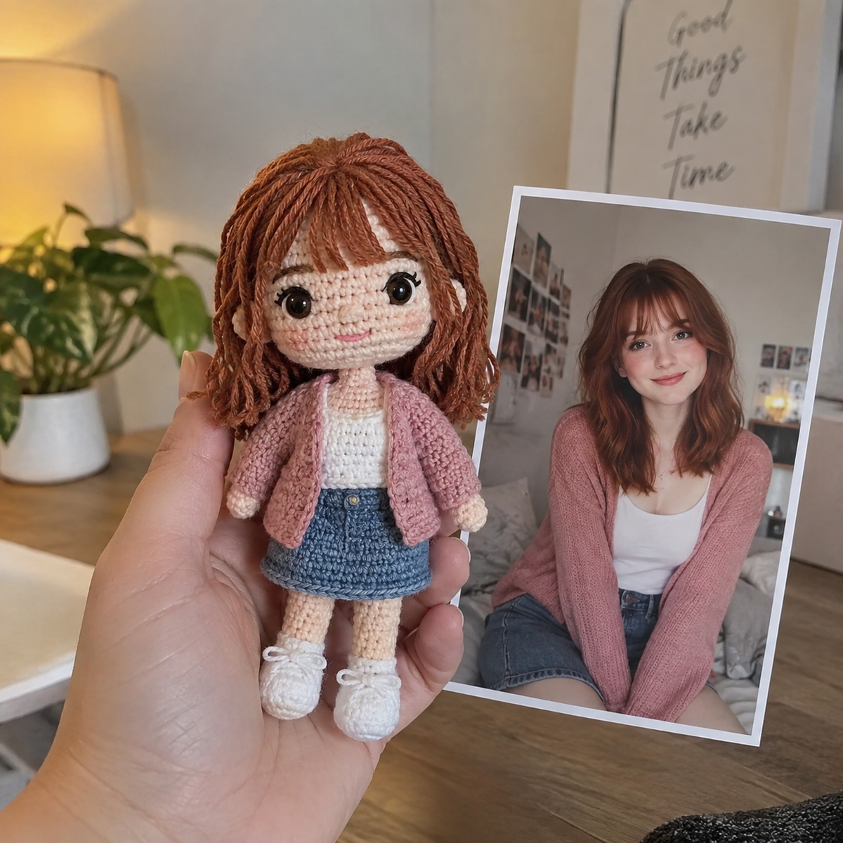 Hand holding personalized crochet portrait doll beside the original reference photo