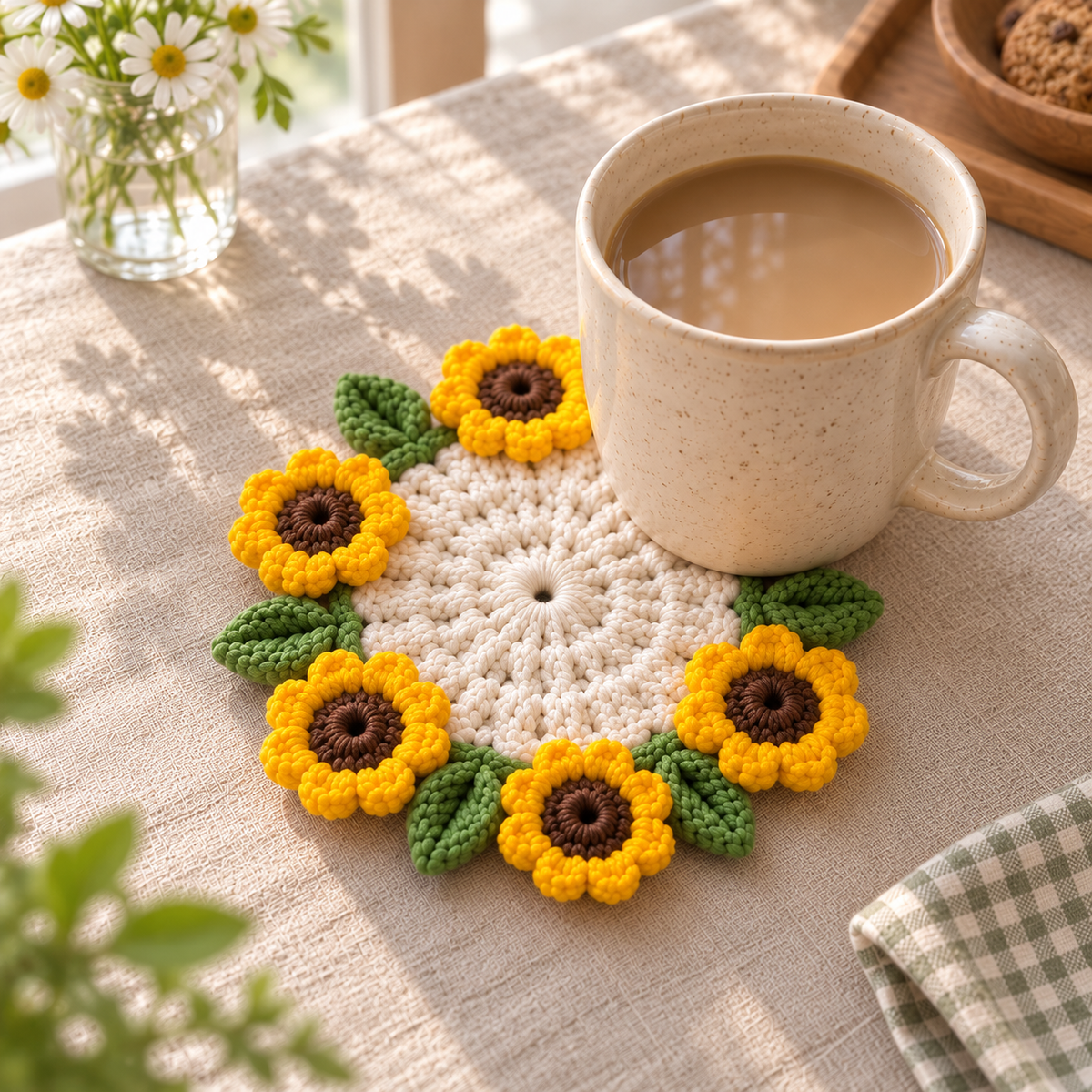 Handmade Sunflower crochet coaster displayed beside a mug