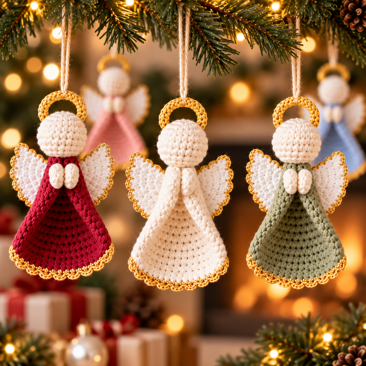 Close-up of Berry, Ivory, and Sage crochet angel Christmas ornaments showing handmade wing and dress details