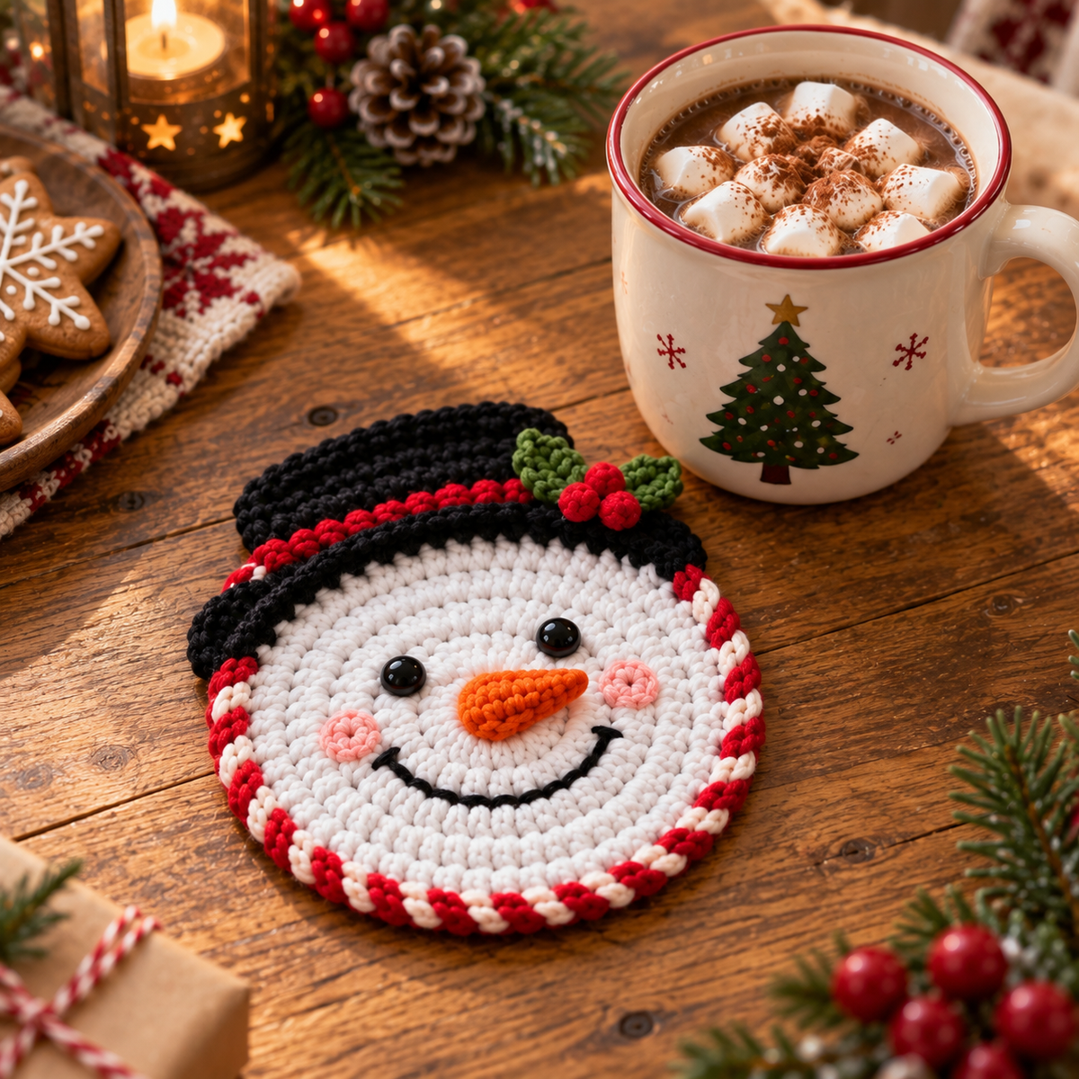 Handmade Snowman crochet coaster displayed on a wooden table beside a Christmas mug