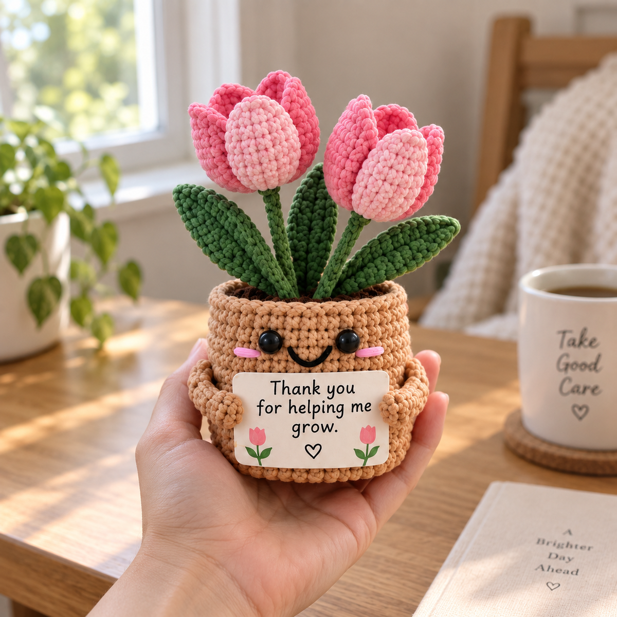 Tulip crochet flower pot emotional support gift with pink flowers and custom message