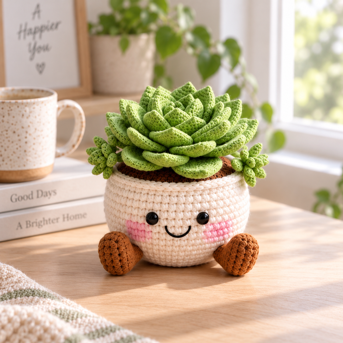 Style 1 crochet succulent decor with layered green leaves and smiling cream pot