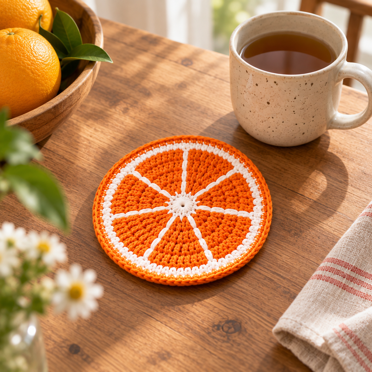 Orange crochet coaster on a wooden table beside a cup