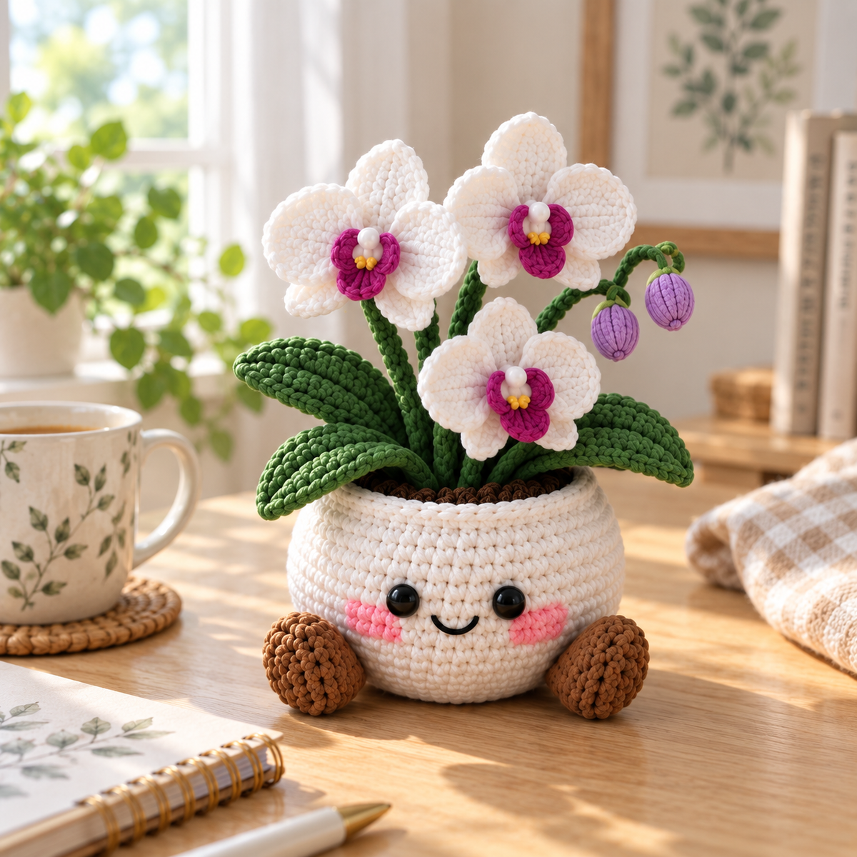 Orchid crochet flower pot decor with white flowers and purple centers