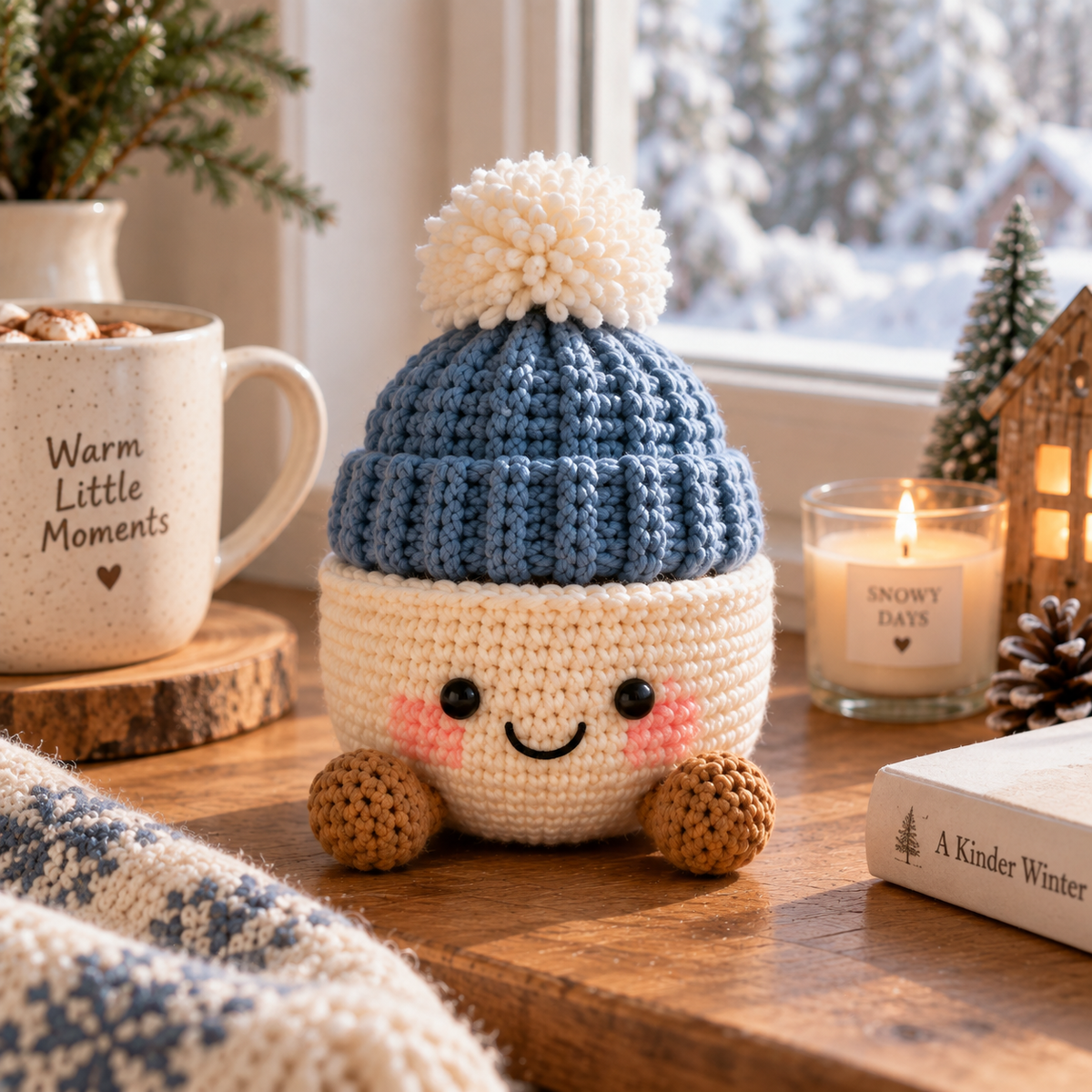 Beanie crochet winter decor with blue knit hat and white pom pom in a smiling cream pot