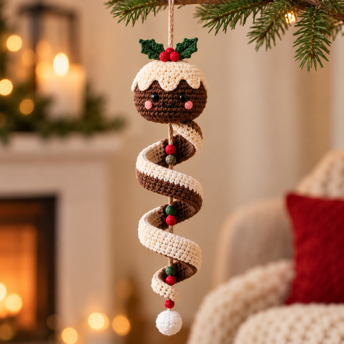 Christmas Pudding crochet spiral ornament with festive holly details