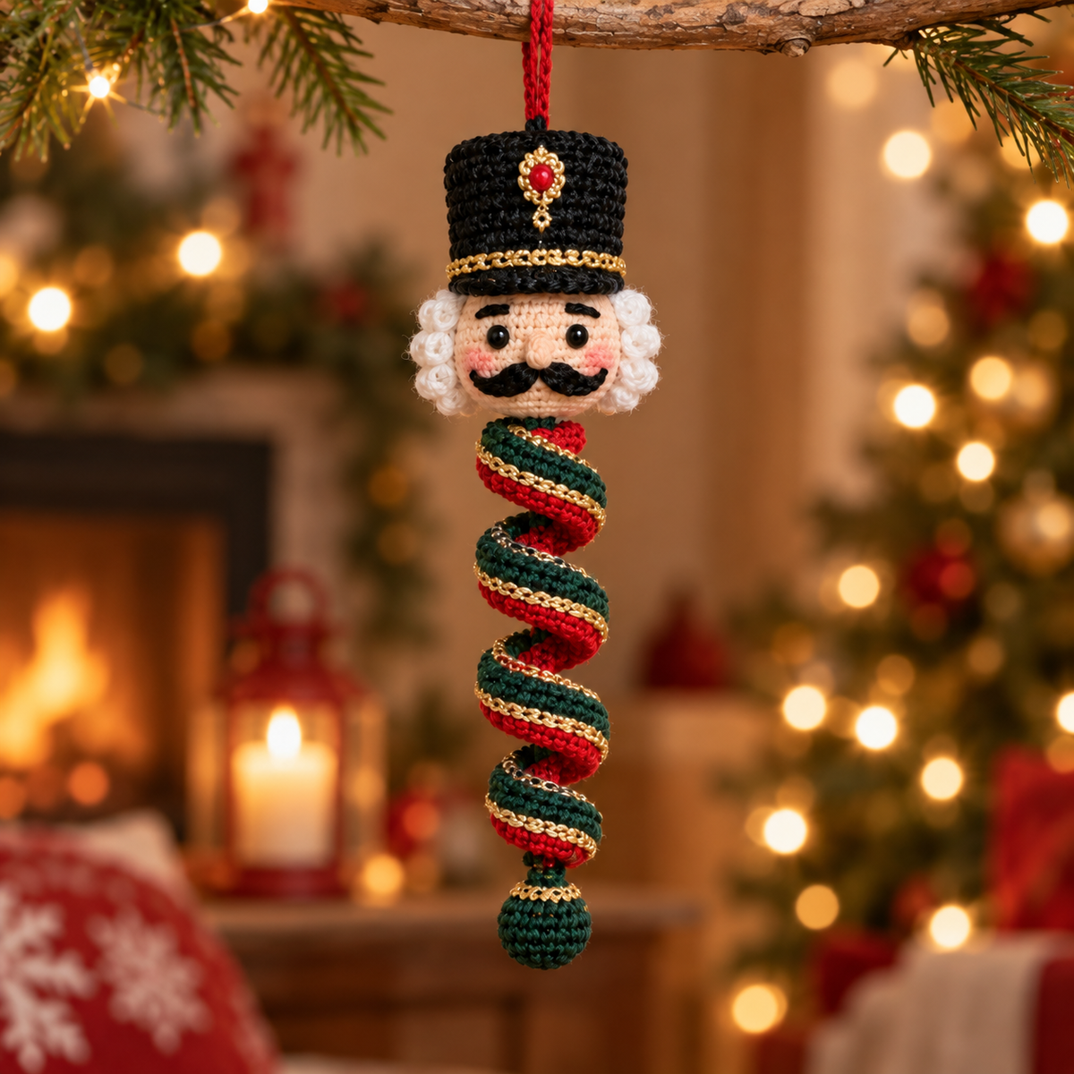 Nutcracker crochet spiral Christmas ornament with red and green festive details