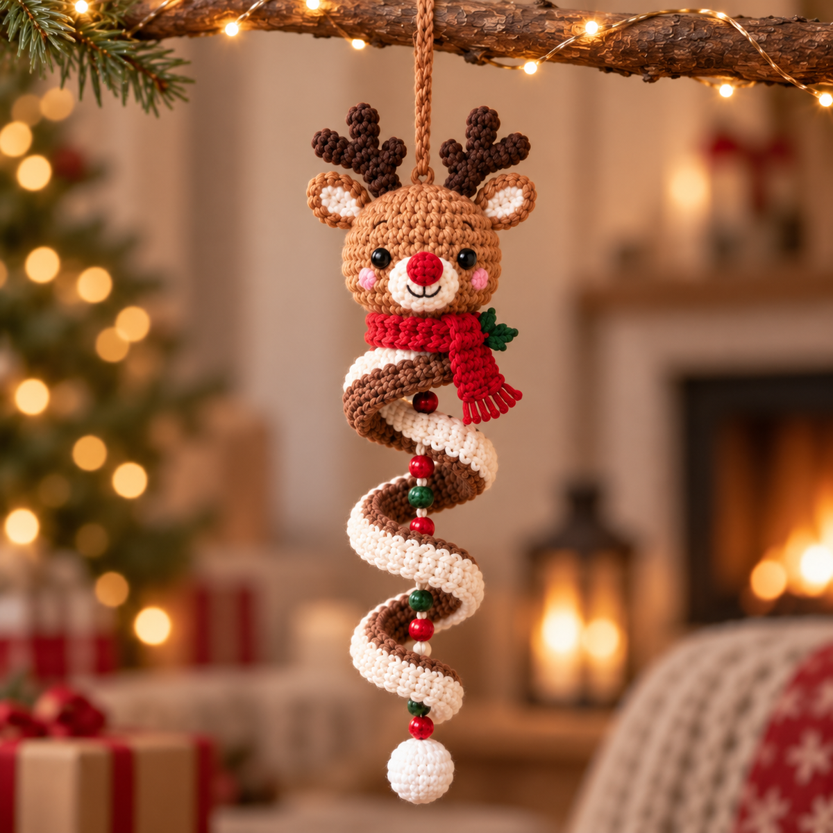 Reindeer crochet spiral ornament with antlers, red nose, and holiday scarf