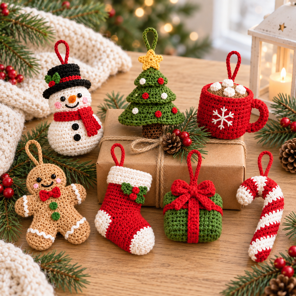 Crochet Christmas hanging ornaments featuring seven festive mini styles