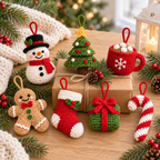 Crochet Christmas hanging ornaments featuring seven festive mini styles