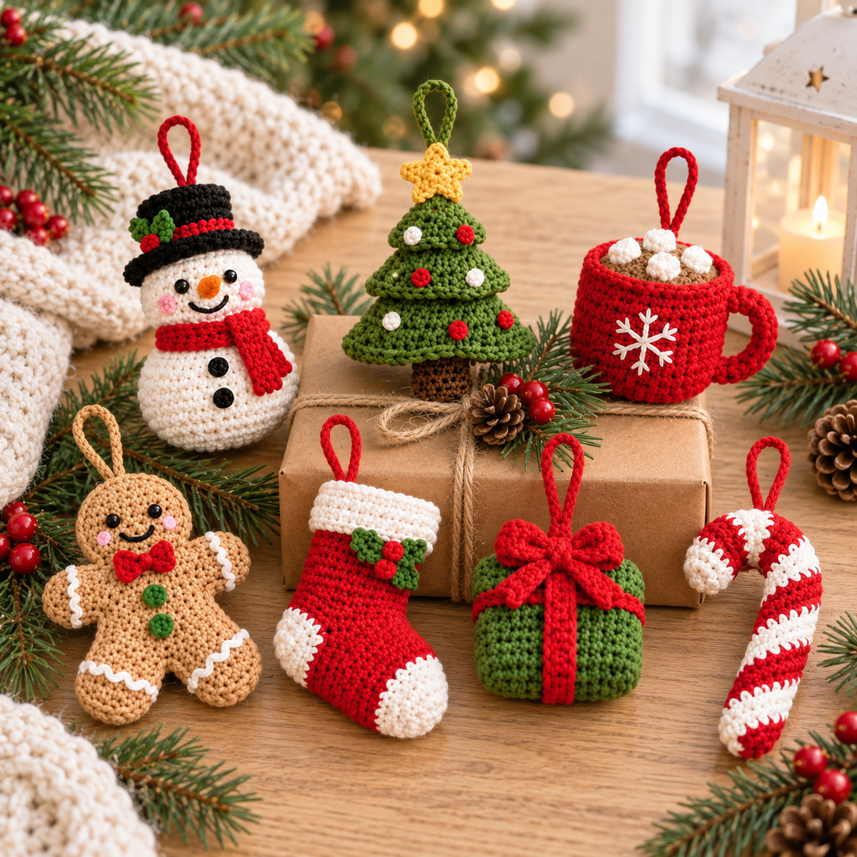 Crochet Christmas hanging ornaments featuring seven festive mini styles