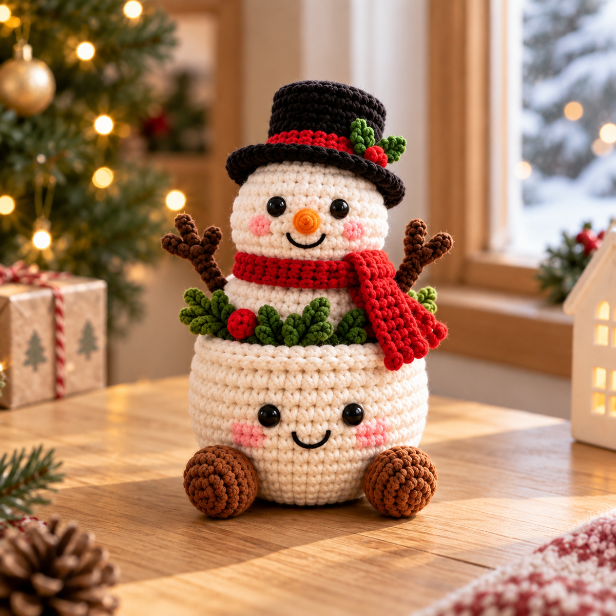 Snowman crochet plant decor in a smiling cream pot with scarf and top hat