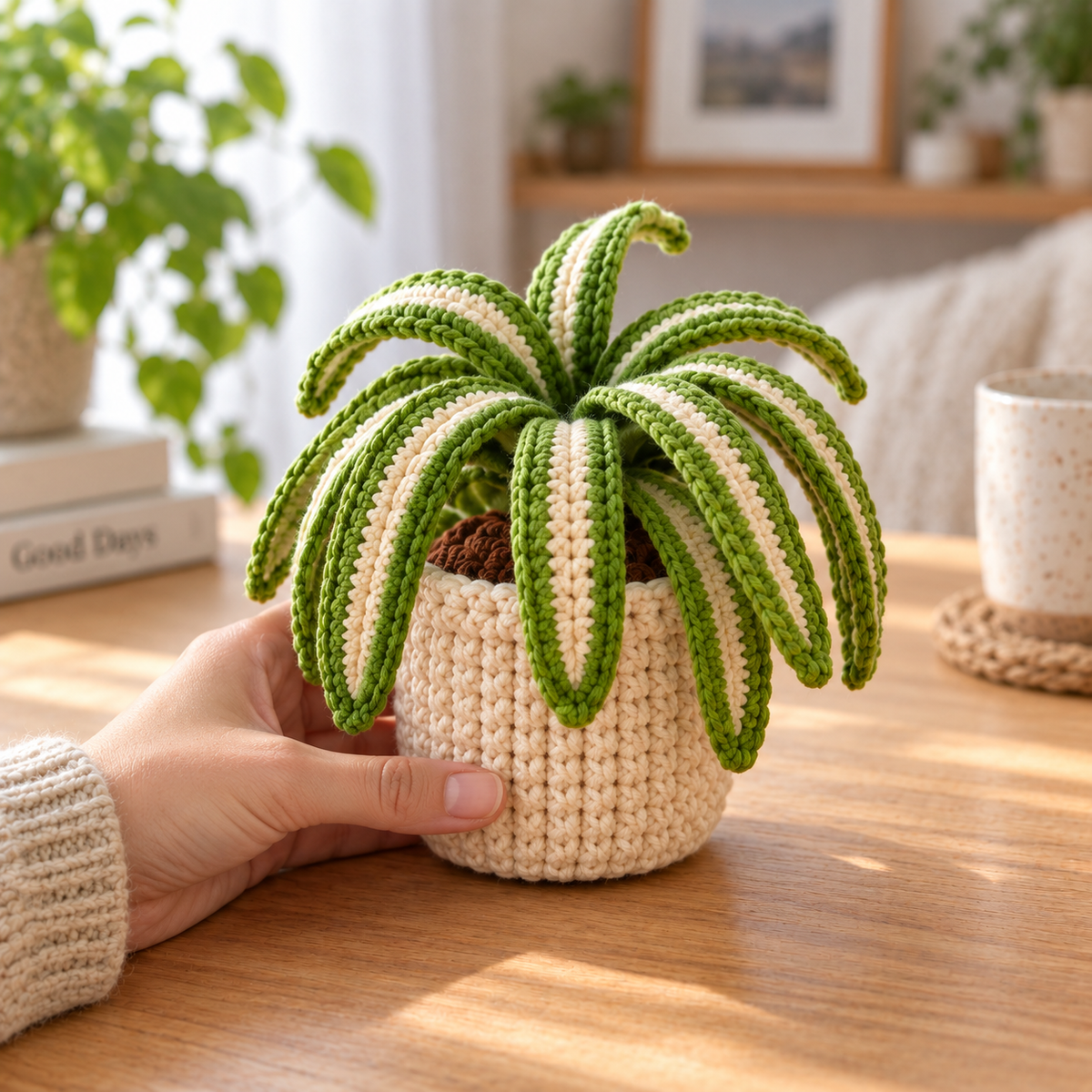 Spider Plant crochet decor with long striped green leaves in a handmade pot