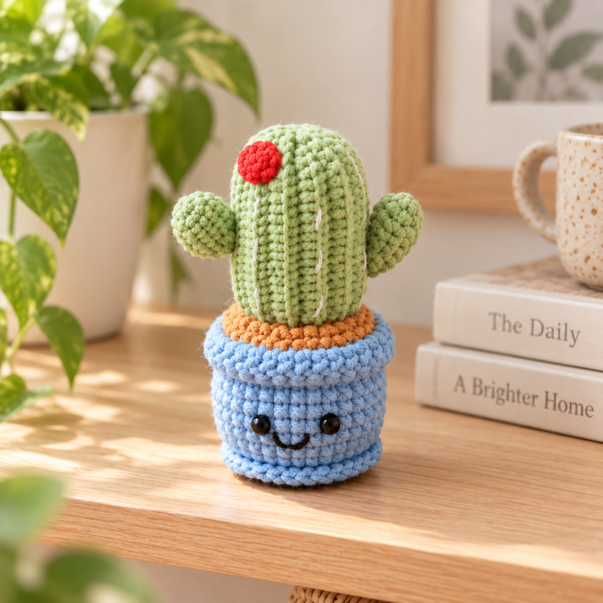 Style 2 crochet cactus decor with tall green cactus in a blue pot