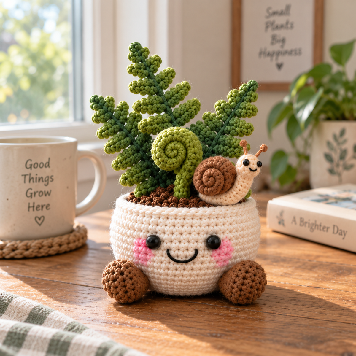 Style 3 crochet garden decor with fern-like greenery and a small crochet snail
