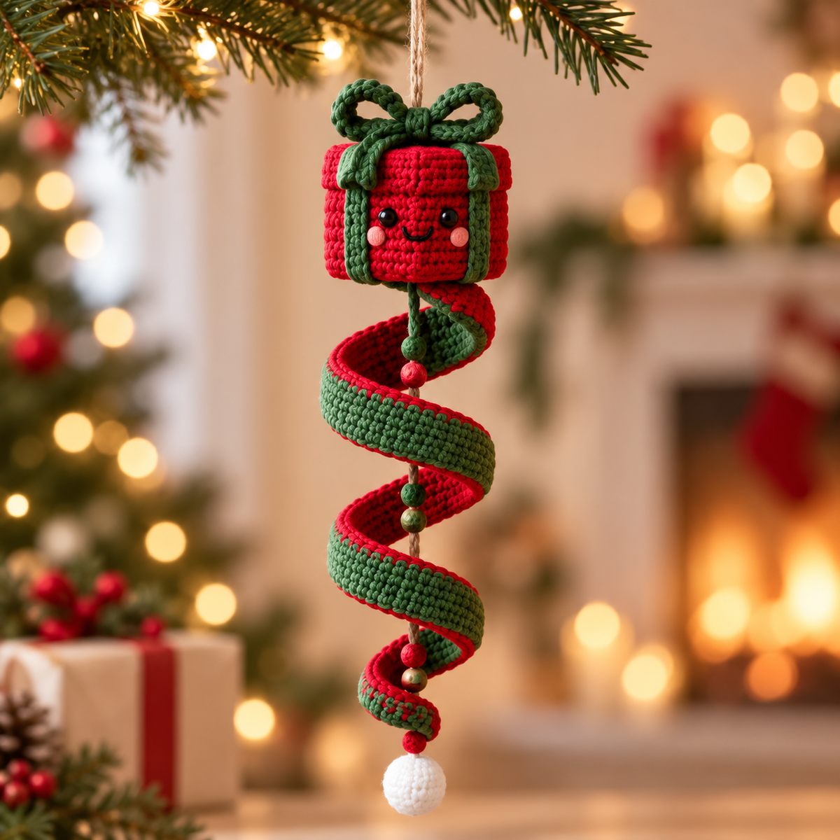 Wrapped Gift crochet spiral Christmas ornament with green and red holiday details