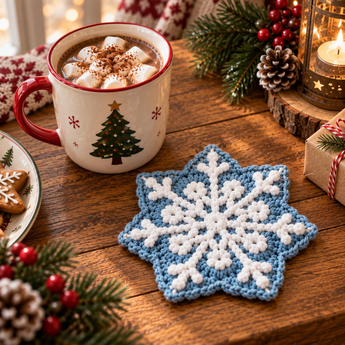 Handmade Snowflake crochet coaster displayed beside a Christmas mug