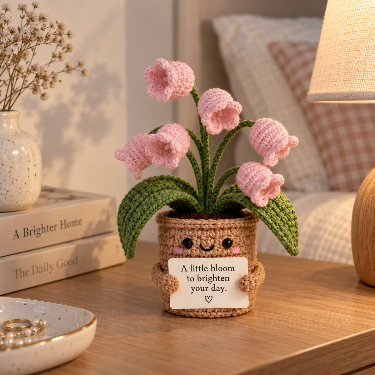 Blush Pink crochet flower pot emotional support gift with custom message