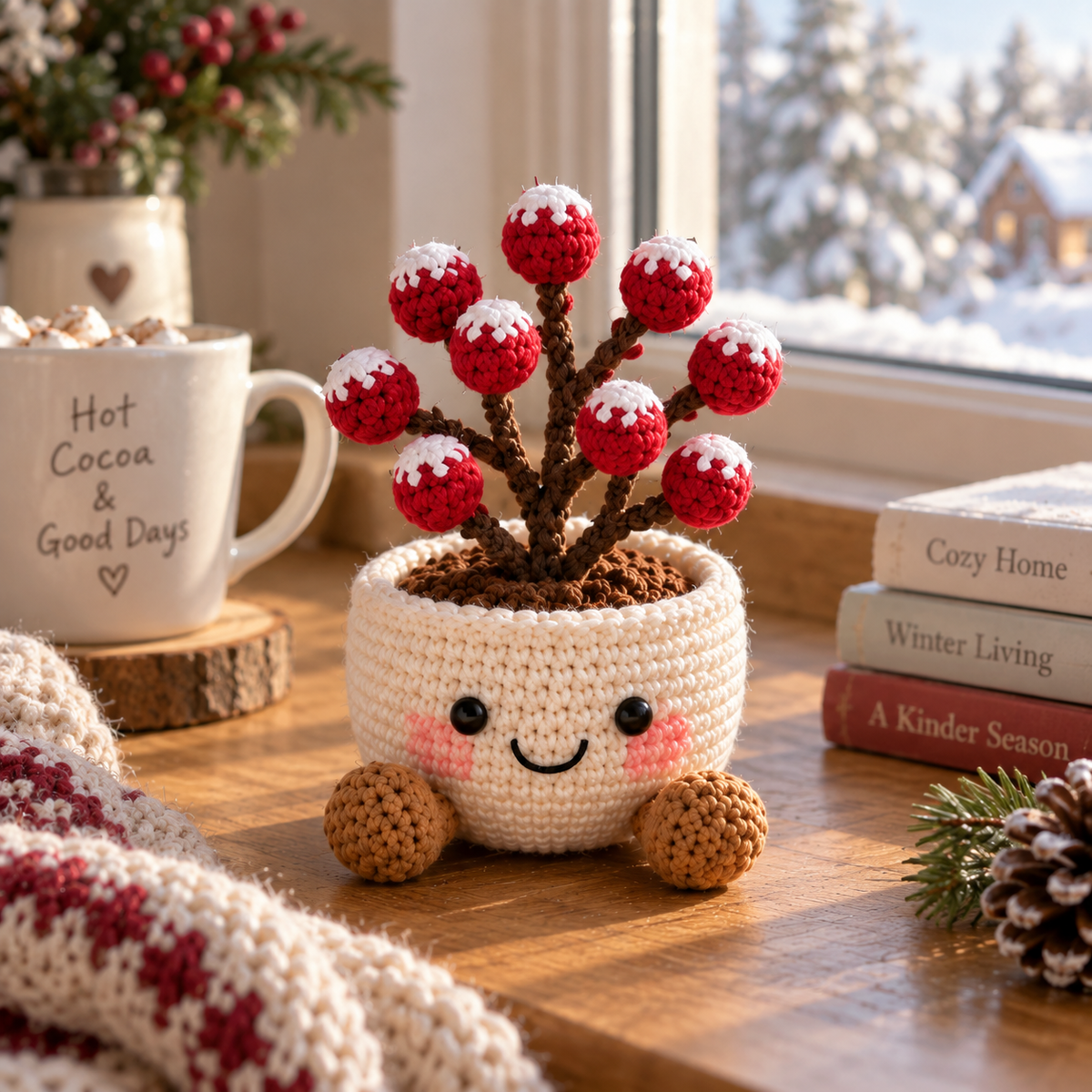 Winter Berry crochet plant decor with red and white berries in a smiling cream pot