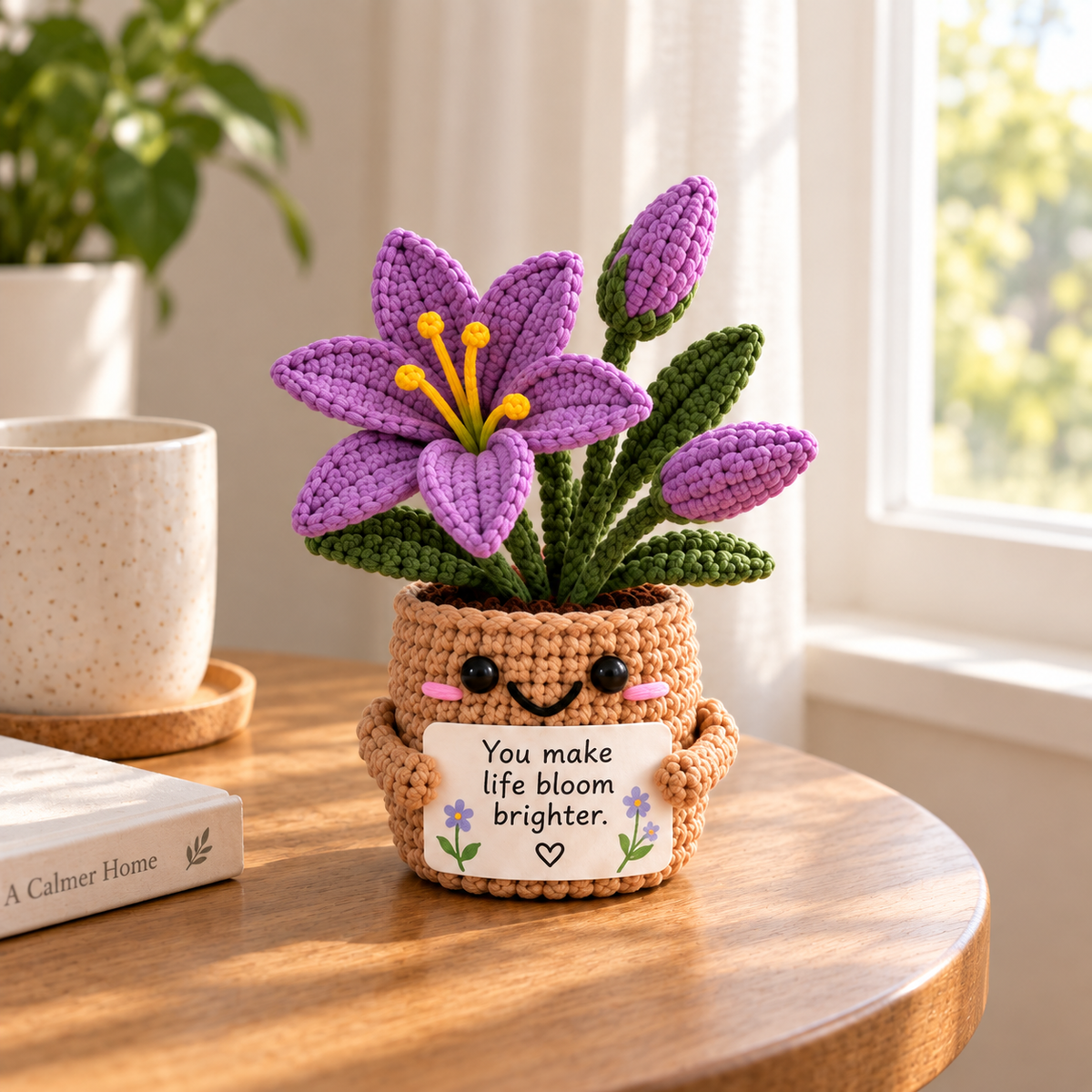 Lily crochet flower pot emotional support gift with purple flowers and personalized message