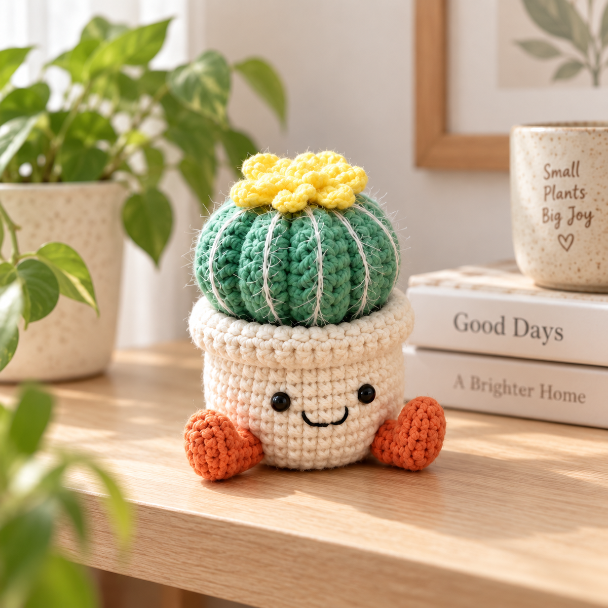 Style 3 crochet cactus decor with yellow flower and smiling cream pot
