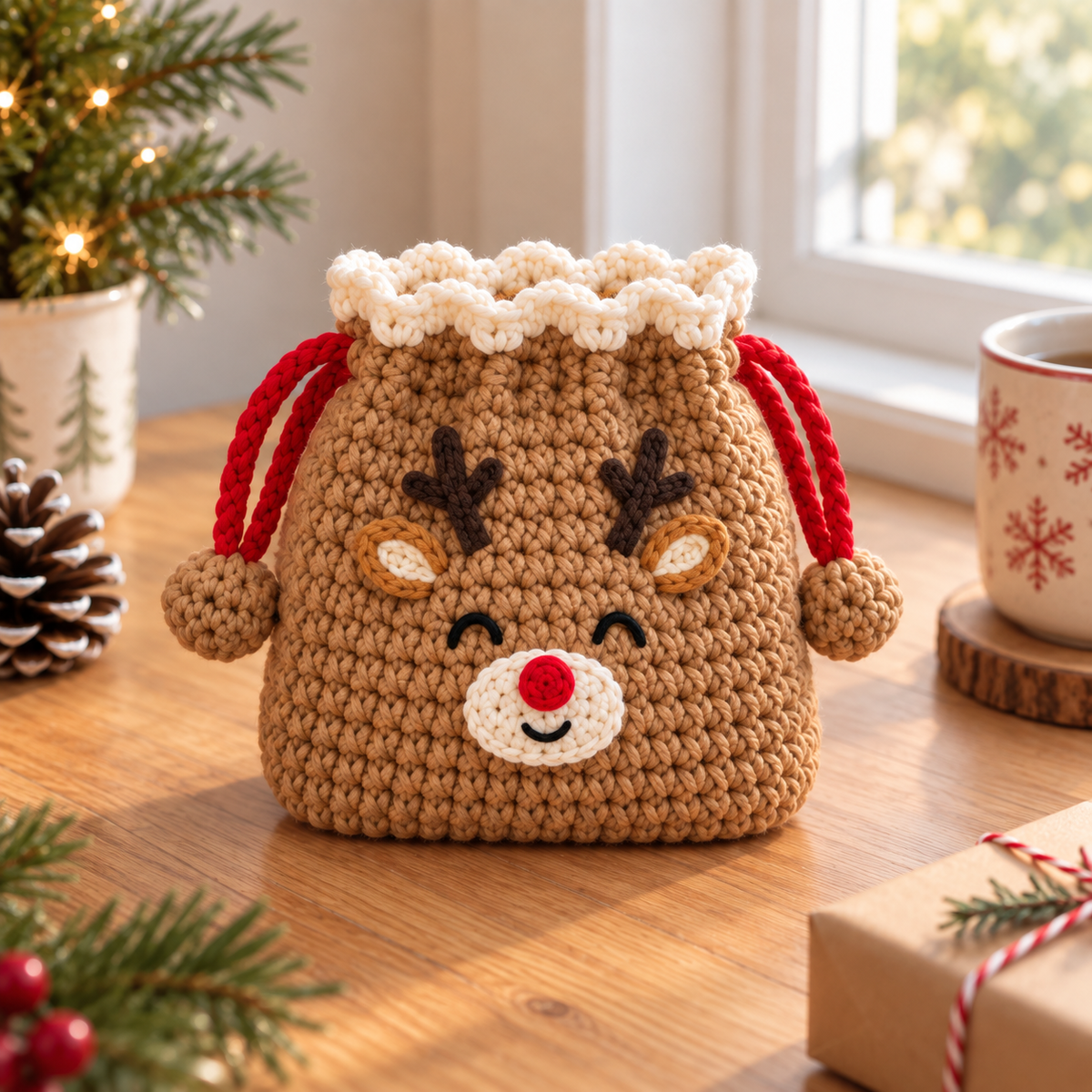 Reindeer crochet drawstring pouch in brown with antlers and red nose