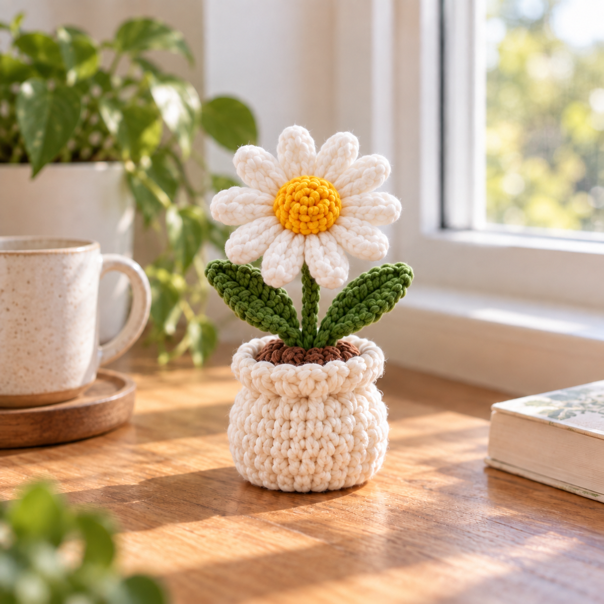 April Daisy crochet birth month flower pot with white petals and yellow center