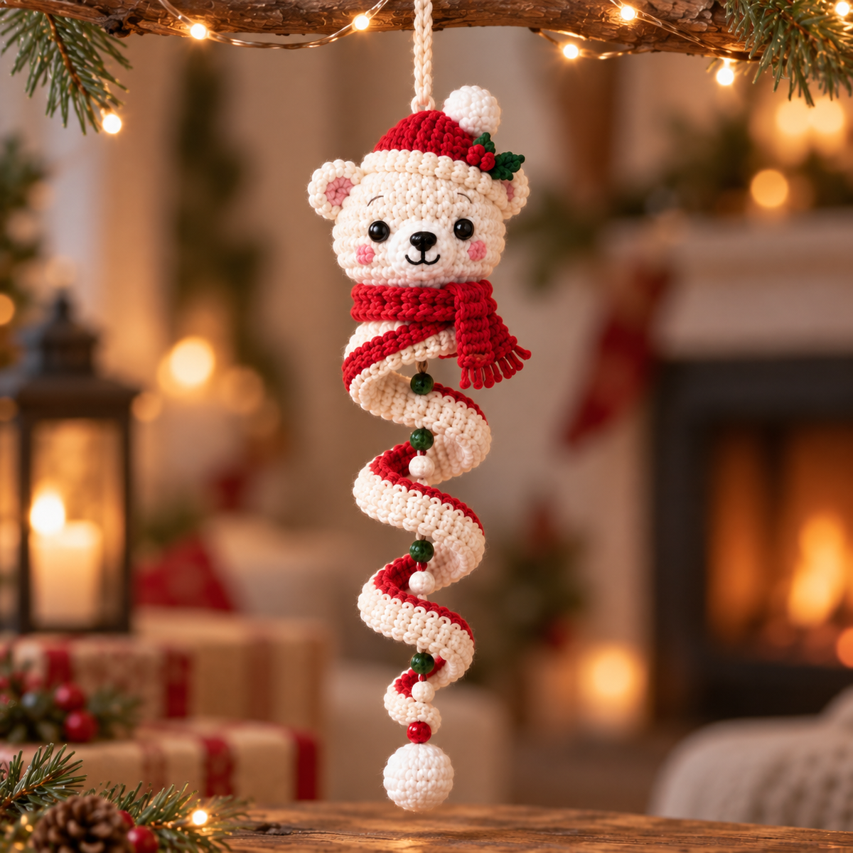Polar Bear crochet spiral ornament wearing a Santa hat and red scarf