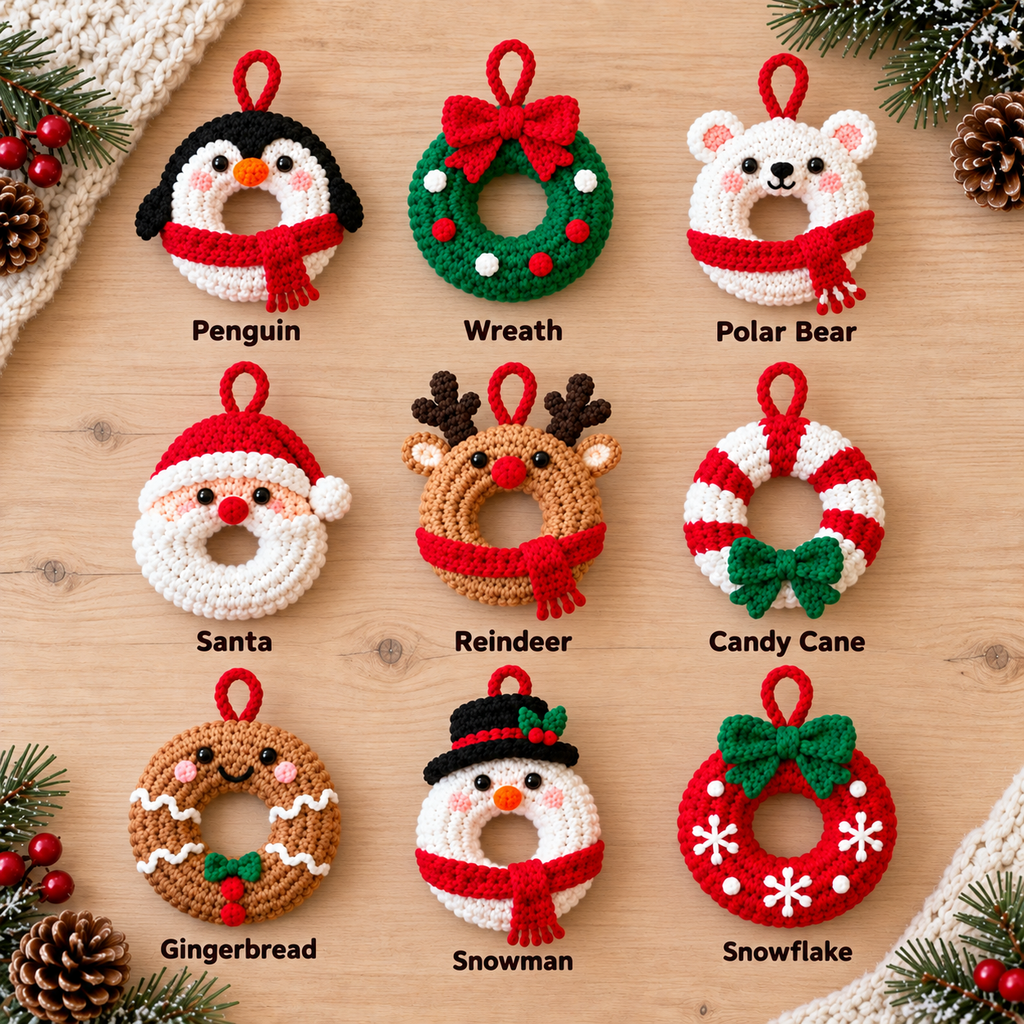 Nine crochet Christmas ornament styles labeled Penguin, Wreath, Polar Bear, Santa, Reindeer, Candy Cane, Gingerbread, Snowman, and Snowflake