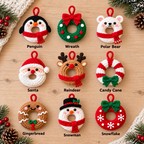 Nine crochet Christmas ornament styles labeled Penguin, Wreath, Polar Bear, Santa, Reindeer, Candy Cane, Gingerbread, Snowman, and Snowflake