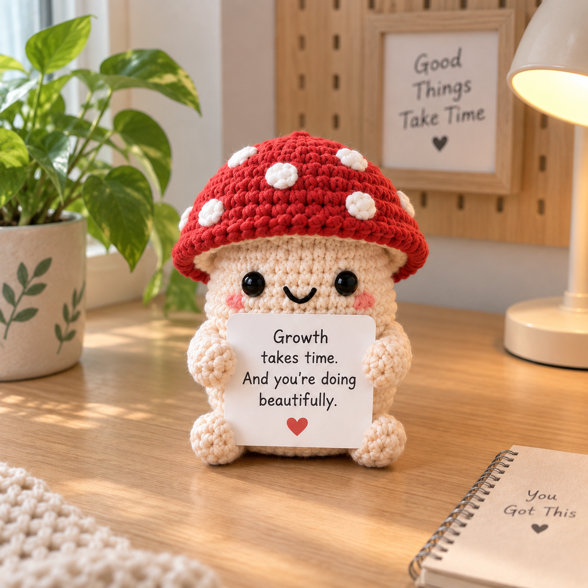 Mushroom amigurumi emotional support character holding a custom message card