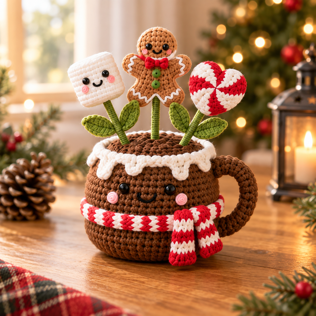 Style 3 crochet pudding mug decor with marshmallow, gingerbread, and peppermint stems
