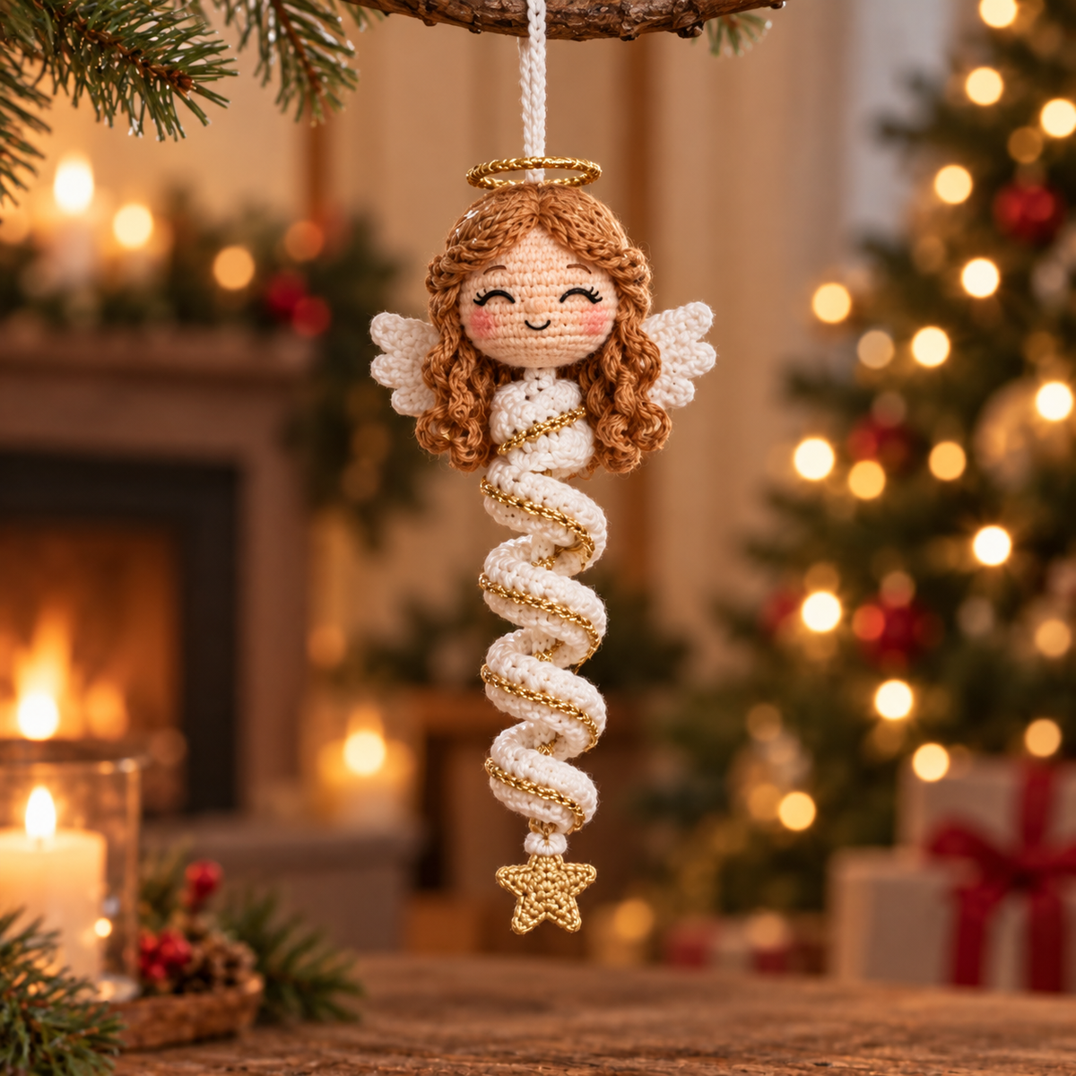 Angel crochet spiral Christmas ornament with halo and soft ivory details