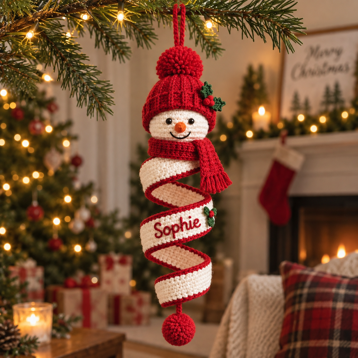 Red personalized snowman crochet spiral ornament with the custom name Sophie