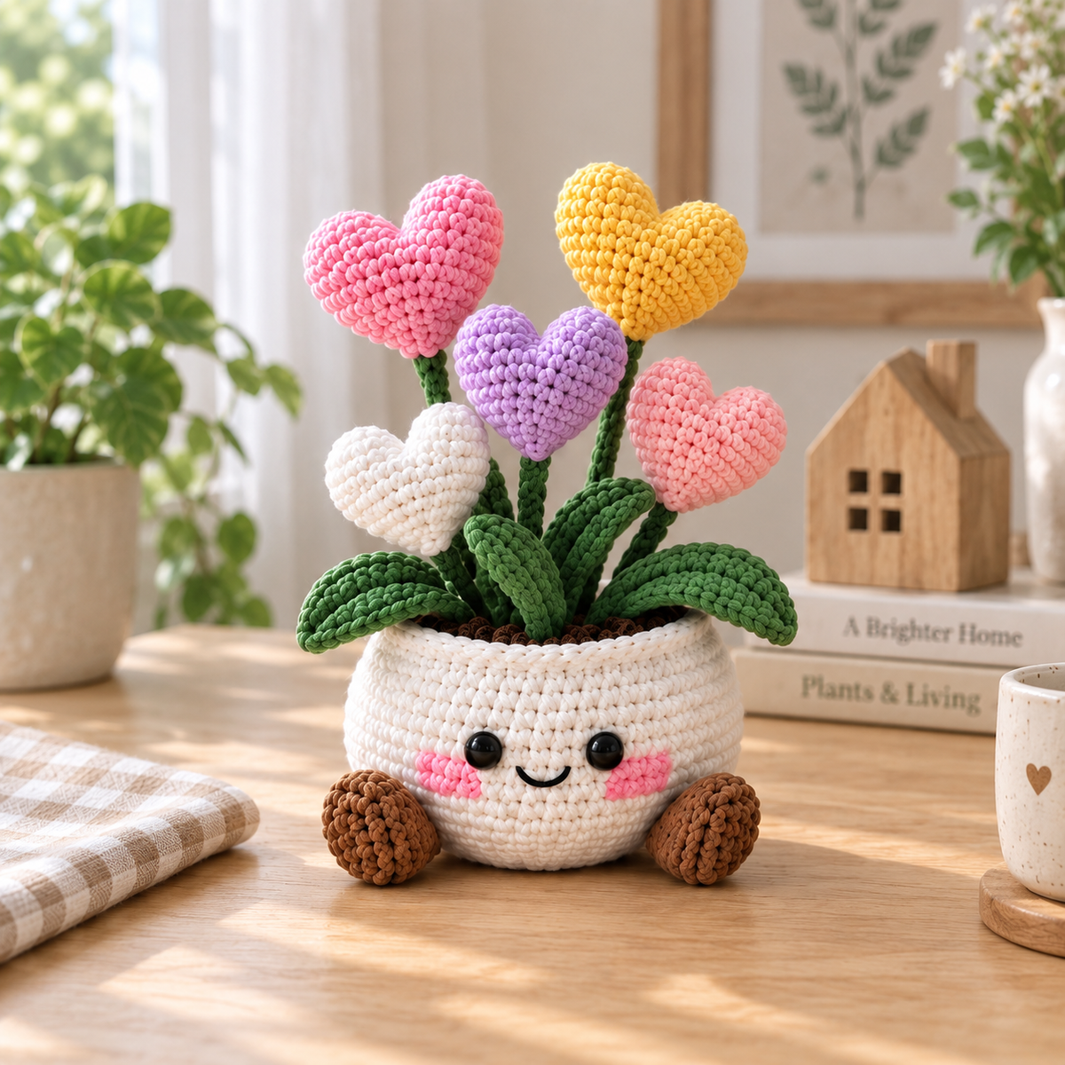 Heart crochet plant decor with colorful heart-shaped blooms in a smiling pot