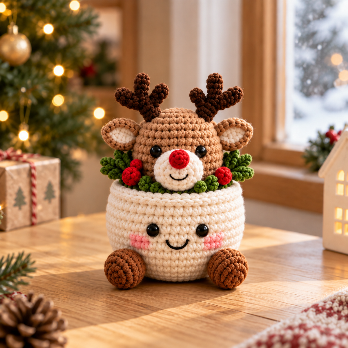 Reindeer crochet plant decor in a smiling cream pot on a holiday table