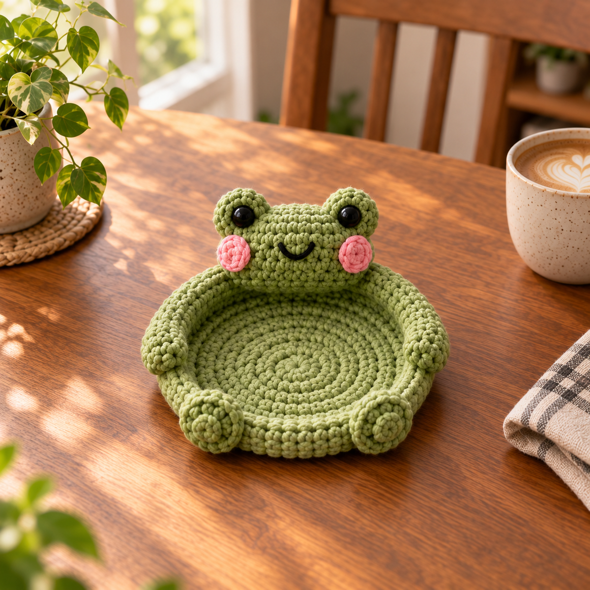 Frog crochet animal coaster in green with smiling face and pink cheeks