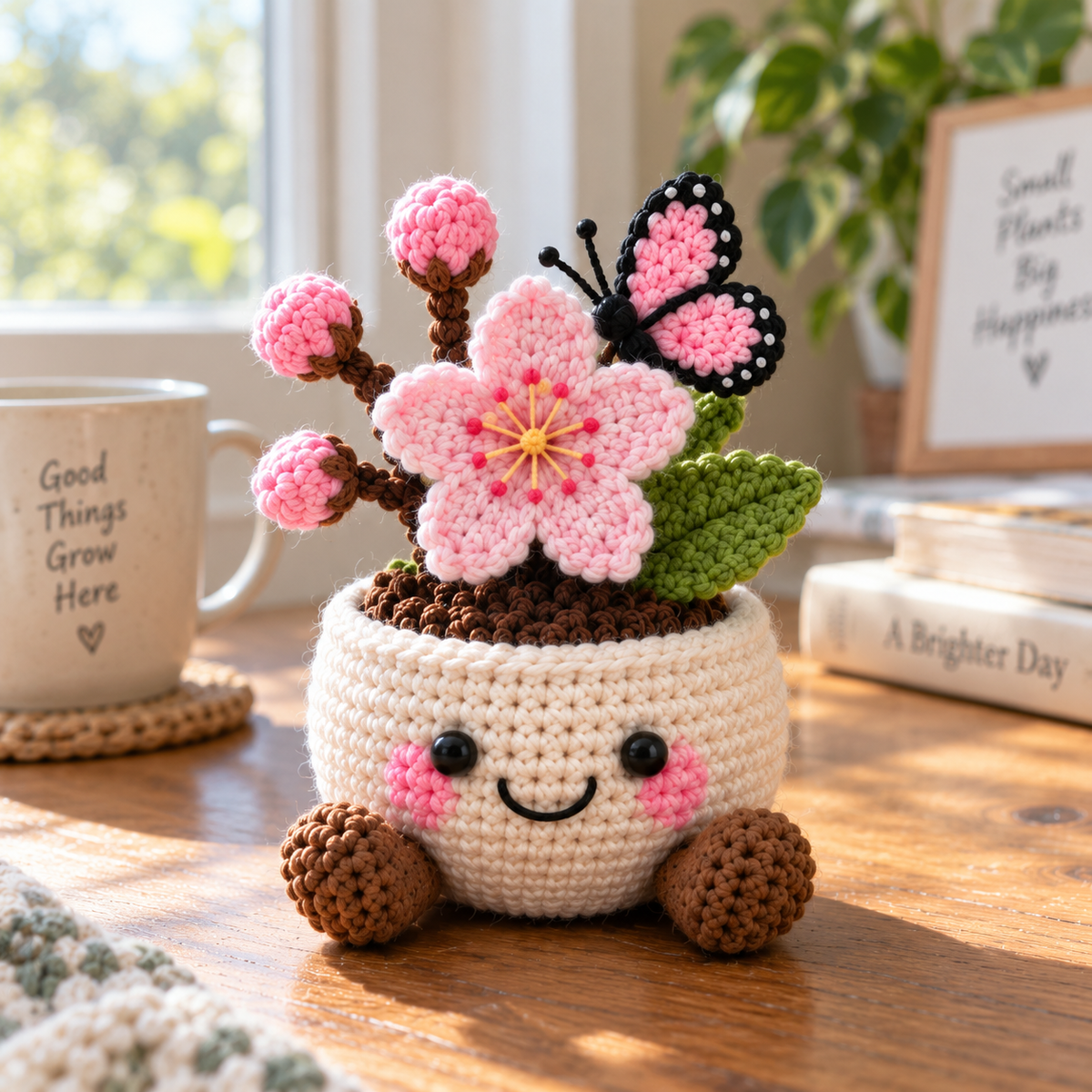 Style 4 crochet garden decor with pink flowers and a butterfly detail