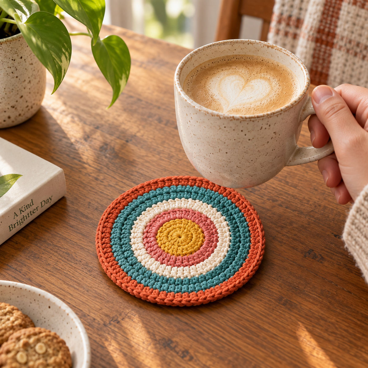 Orbit Bloom crochet coaster in colorful concentric circle design beside a mug