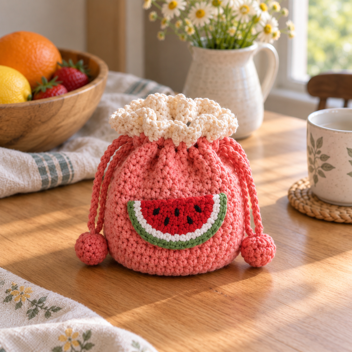 Watermelon crochet drawstring pouch in pink with handmade watermelon detail