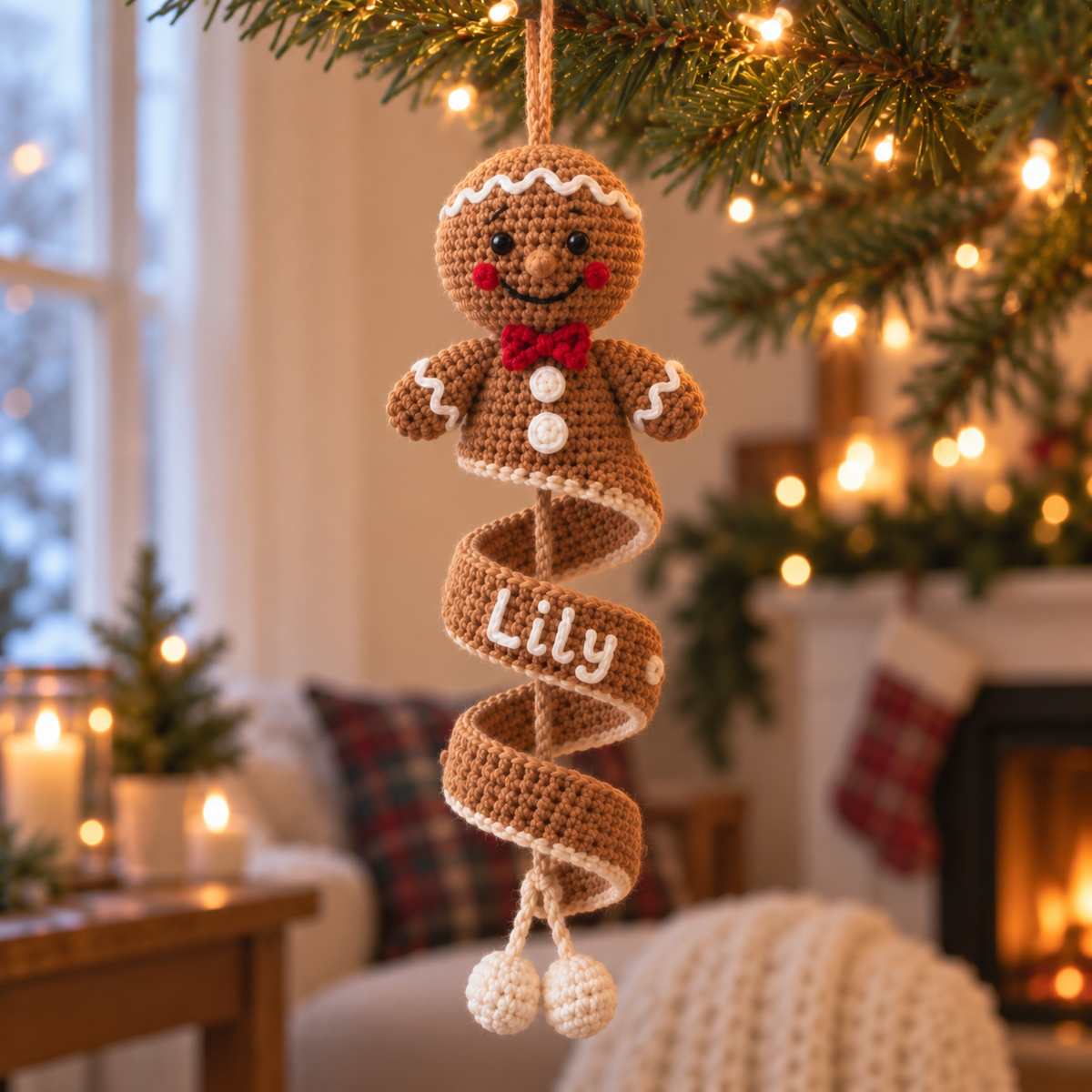 Personalized Gingerbread crochet spiral ornament with the custom name Lily
